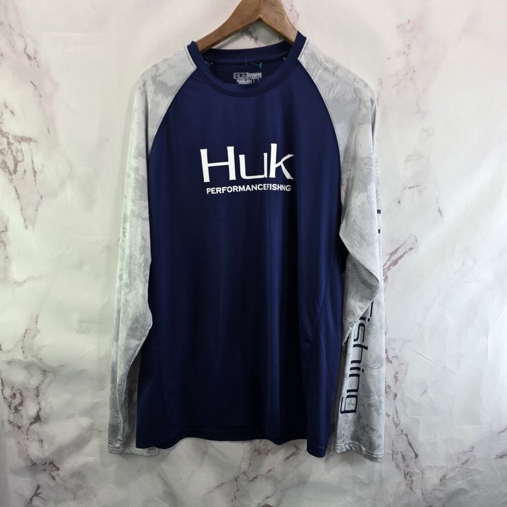 Huk Shirt Mens Large Blue Gray Sun Tech Short Sleeve Crew Active UPF Fishing